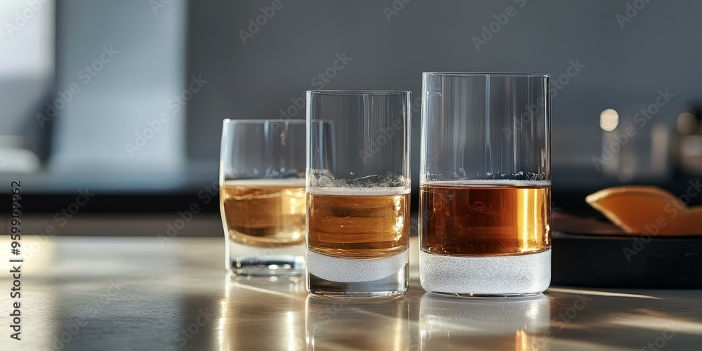 Wall mural three glasses of amber liquid on a table.