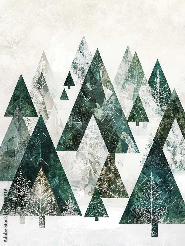 Poster Colorful triangles create a whimsical representation of Christmas trees in a tranquil winter forest landscape. Generative AI