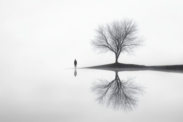 Obraz premium Thoughtful human Embodying Self-Reflection and Self-Awakening, Centered on a Minimalist environment Background, the concept of soul healing, Graphic Resources, Wallpapers, illustration, 