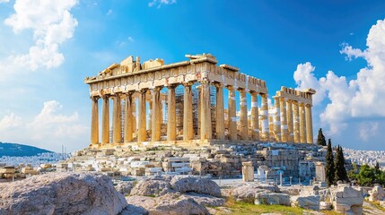 Naklejka premium The Acropolis of Athens under a bright blue sky, symbolizing Greeceâ€™s ancient civilization and history.