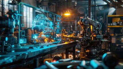 A metalworker in an industrial workshop with an AI assistant as a robotic arm projecting holographic blueprints. Warm, focused lighting highlights the craftsmanship. AIG60