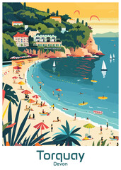 Torquay Poster Illustration Travel Print Decor Gift Paper Canvas Wall Retro Art