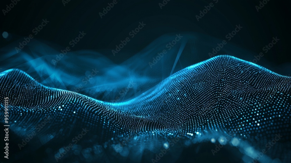 Poster modern abstract mesh. wave made up of luminous points and lines. 3d rendering.