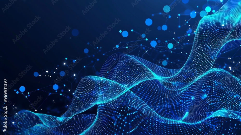 Poster an abstract mesh with luminous points and lines. rendering in 3d.