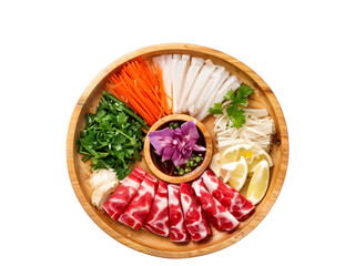 Shabu-shabu in wooden plate. Isolated transparent background. Top view, flat lay
