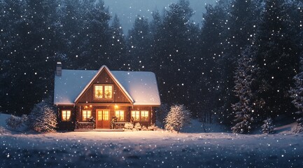 Enchanted Winter Evening at a Cozy Snow-Covered Cabin