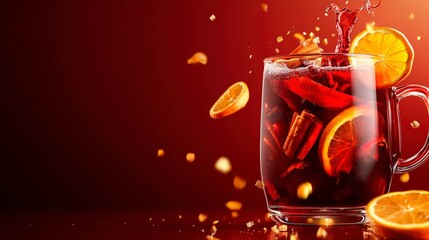 Fototapeta premium Deep Maroon Background With Mulled Wine And Orange Slices For Autumn-Themed Product Displays . Generative ai