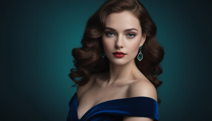 Fototapeta premium Elegant Portrait of a Woman in an Off-Shoulder Blue Dress with Wavy Brown Hair Against a Teal Background