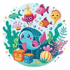 Fototapeta premium A whimsical underwater scene showcases colorful fish, a cheerful octopus, and a playful whale discovering treasures among lush coral and sea plants