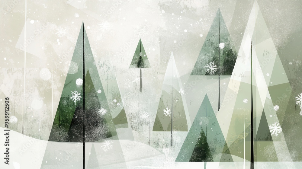 Poster A tranquil winter forest features abstract geometric Christmas trees in different sizes, set against a snowy backdrop. Generative AI
