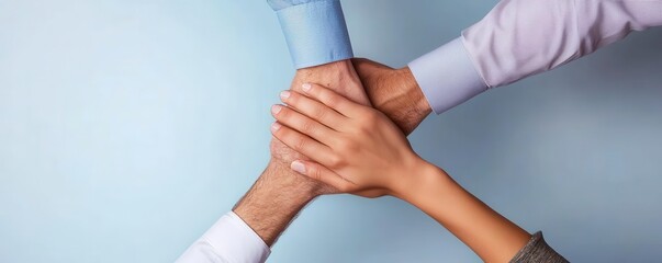 A collaborative teamwork concept featuring hands stacked together, symbolizing unity and support in a professional setting.