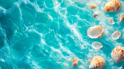 Vibrant Turquoise Background With Ocean Waves And Seashells For Coastal-Themed Product Displays . Generative ai