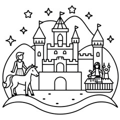 Explore a charming fairytale kingdom, featuring a majestic castle, a girl riding a horse, and enchanting details amidst a starry backdrop