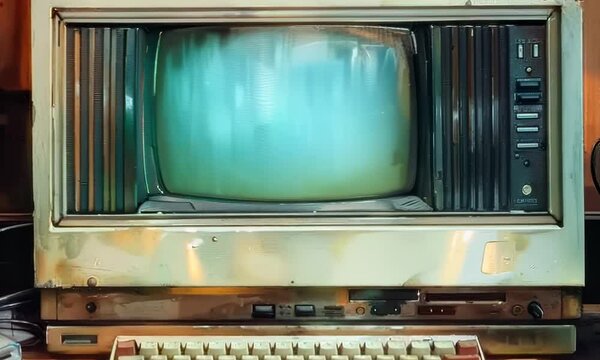 A watercolor painting of a vintage computer with a CRT monitor and a keyboard, its nostalgic charm evoking memories of early computing days. 4K Video