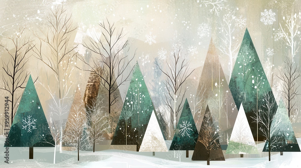 Leinwandbilder Abstract geometric shapes represent Christmas trees in a snowy winter forest, creating a serene and festive atmosphere. Generative AI