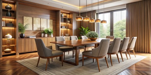 Obraz premium This elegant dining room boasts modern furniture in warm wood tones, accompanied by streamlined silhouettes and