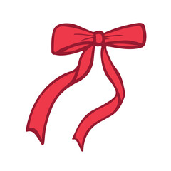 Red ribbon bow. Hand drawn bow illustration. Birthday, Christmas, and Valentine's Day decoration. Gift wrapping. Vector illustration.