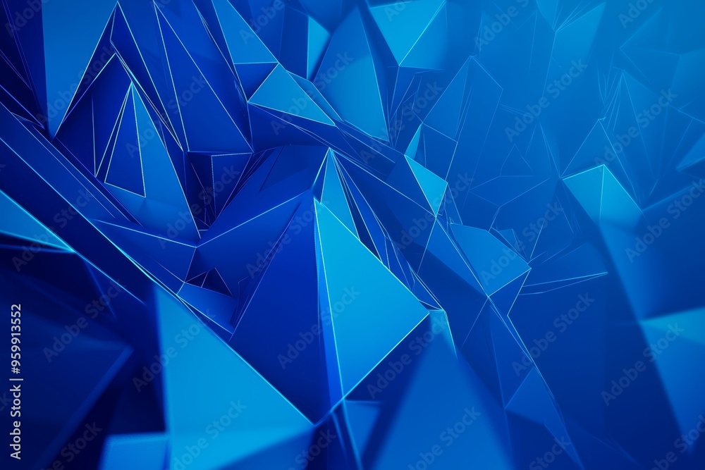 Poster Three-dimensional rendering of a blue pattern of triangles of different shapes. Minimalistic pattern reminiscent of mountain peaks.
