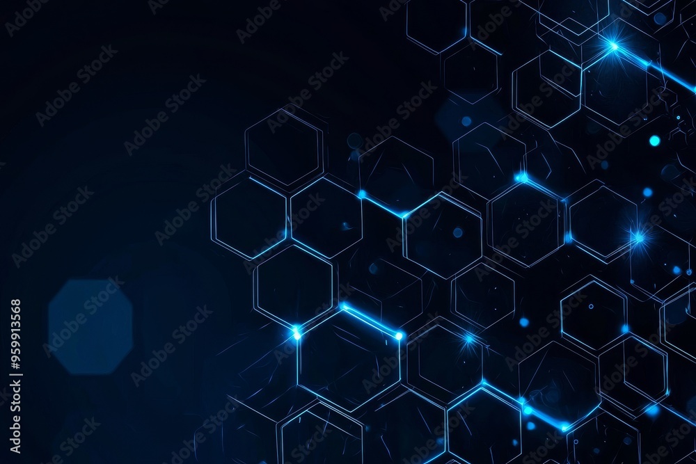 Poster an abstract blue of a futuristic hexagonal surface in light rays. this is a 3d rendering.