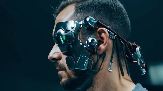 A close-up of a man with bionic elements on his eyes.