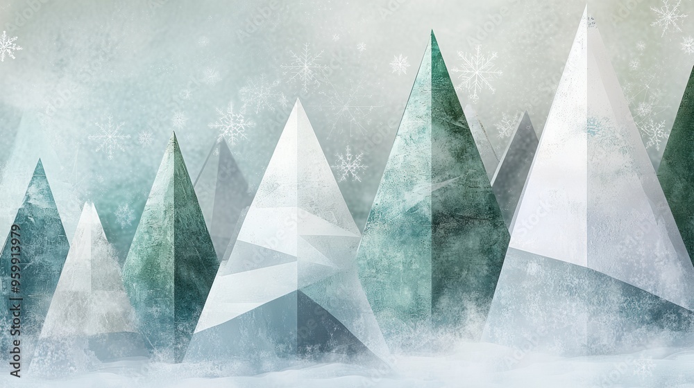 Aufkleber Geometric Christmas trees made of triangles of different sizes and forms create a captivating winter landscape filled with snow. Generative AI