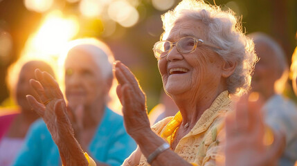 Fototapeta premium Medium close-up of an elderly woman dancing with friends at a lively outdoor gathering, smiling and clapping.