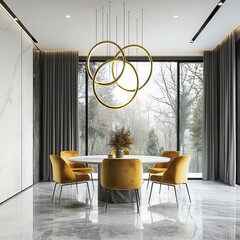 In the middle of a luxury modern dinning room interior mockup, there are yellow chairs, a table with dishes, panorama windows on the background, and an empty white wall on the background.