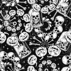 Halloween monochrome pattern with bottle with poisonous potion, fractal spirals with human skull, pumpkin head, bones. Grunge distorted silhouette of spider web behind. Vintage style.
