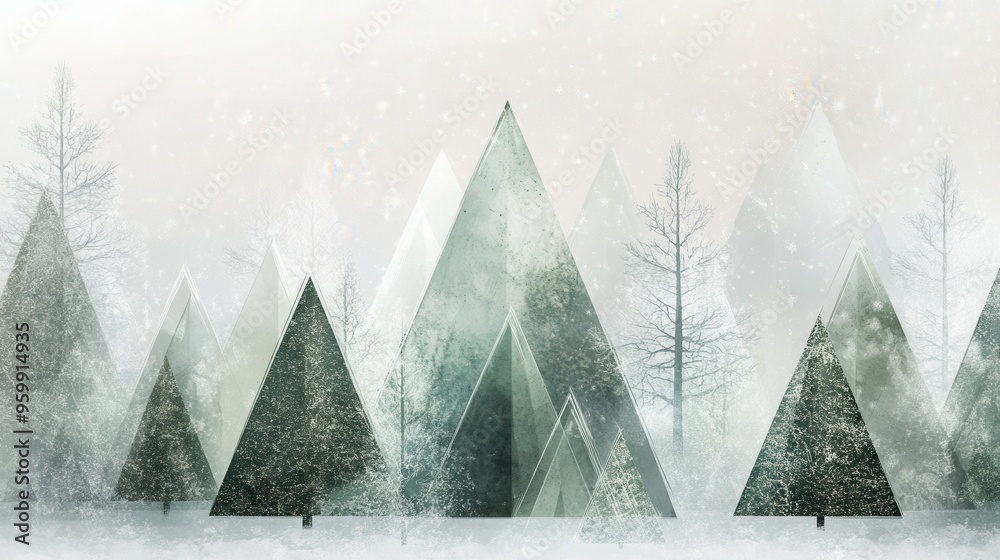 Poster colorful abstract christmas trees made of geometric shapes populate a serene winter forest, creating