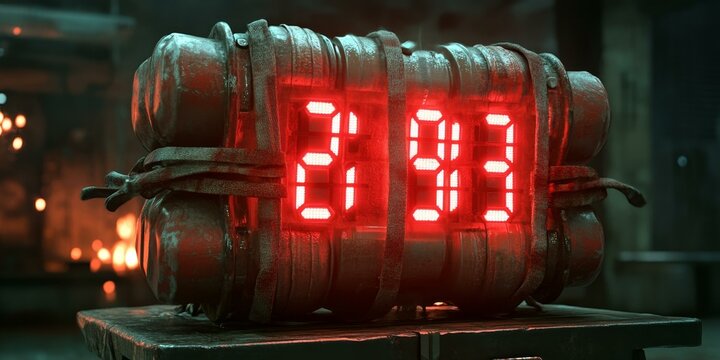 Red digital timer on a rusty bomb.