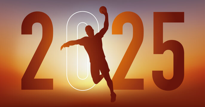 Concept du sport sur le thème du handball pour une carte de vœux 2025, montrant un handballeur qui s’élance pour marquer au but.
