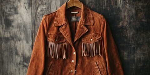 Brown suede jacket with fringe detail hanging on wood.