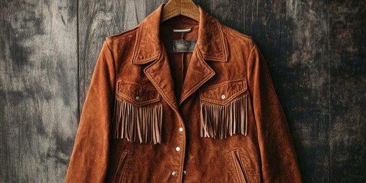 Brown suede jacket with fringe detail hanging on wood.