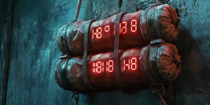 Two rusty bombs with red digital timers.