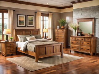 Fototapeta premium Handcrafted rustic Amish-inspired Shaker bedroom furniture brings serenity to a quaint country home, where clean lines