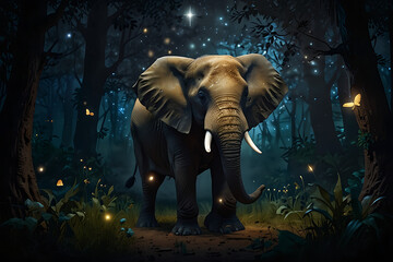 an elephant accompanied by fireflies at night