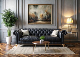 In a beautifully designed living room, a modern black leather sofa is the centerpiece, paired with elegant hardwood