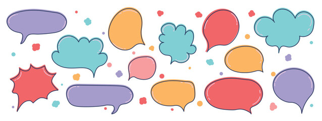 Set of doodle and speech bubble vector. Collection of contemporary figure, speech bubble in funky groovy style. Chat design element perfect for banner, print, sticker, cartoon.