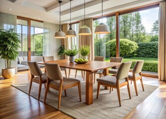 Fototapeta premium In a bright and airy room, a stylish wooden dining table and chairs bring warmth and sophistication, ideal