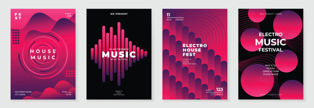 Music poster design background vector set. Electro Sound Cover template with vibrant abstract gradient line wave, geometric shape. Ideal design for social media, flyer, party, music festival, club.