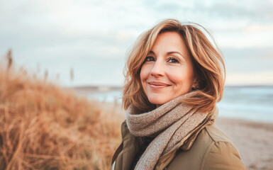 Portrait in the beach of a pleased 50 years old woman in fall. Lifestyle portrait photography of a satisfied woman in her 50s against a beach background. 