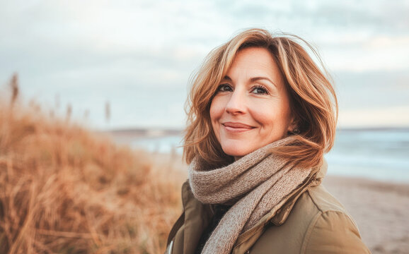 Portrait in the beach of a pleased 50 years old woman in fall. Lifestyle portrait photography of a satisfied woman in her 50s against a beach background. 
