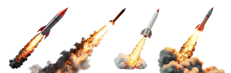 Set of rockets launching with fire and smoke, cut out