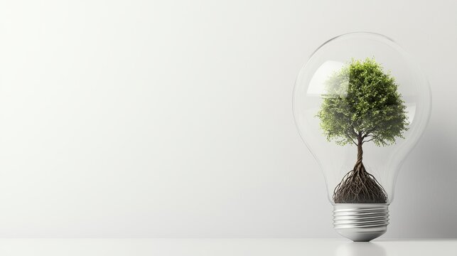 A clear light bulb containing a rooted tree, symbolizing sustainable innovation and environmental technology, with a generous empty space for customization