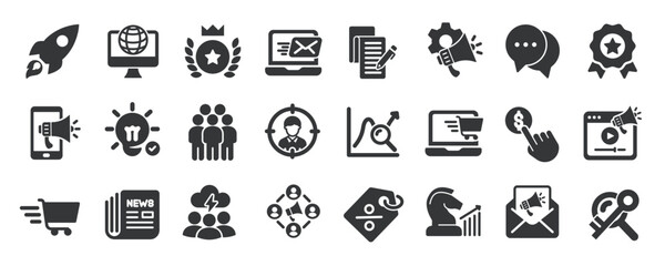 Digital marketing glyph solid icons collection. Containing business, e-commerce, management, network. Minimal icon and symbol series vector illustration