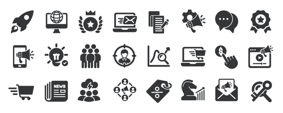 Digital marketing glyph solid icons collection. Containing business, e-commerce, management, network. Minimal icon and symbol series vector illustration