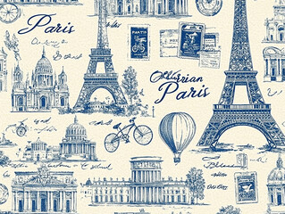 Seamless Pattern of Iconic Paris Landmarks and Illustrations