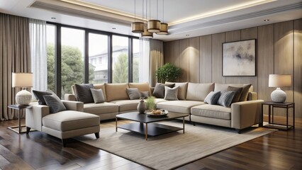 Fototapeta premium In modern living spaces, versatile sectional sofas with accent chairs create harmony amidst minimalist décors,