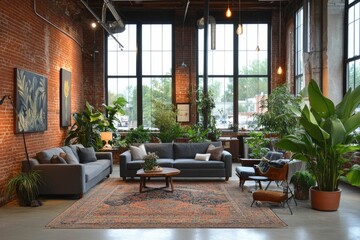 Fototapeta premium Industrial Chic Living Room with Natural Light and Plants