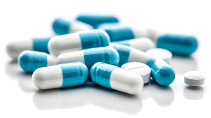 Dual-Tone Pharmaceutical Array: Light Blue and off-White Pills on Sterile Background, Emphasizing Medicinal Range